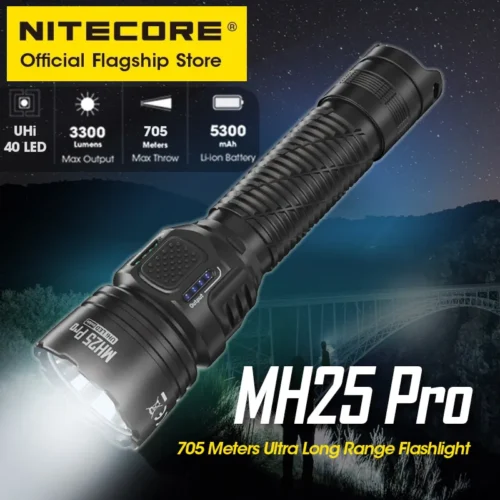 مصباح يدوي NITECORE MH25 Pro قابل لإعادة الشحن بواسطة USB-C، مدى بحث طويل يصل إلى 705 متر، شعاع UHi 40 LED، بطارية 21700 بسعة 5300 مللي أمبير في الساعة (NL2153HP).